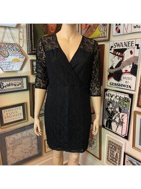 Lane Bryant Womens Black Lace Faux Wrap Dress 3/4 Sleeves Size 24